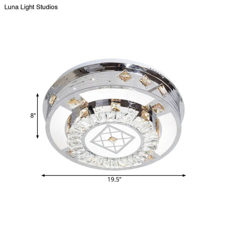 Modern Chrome Led Round Flush Mount Crystal Ceiling Light In Warm/White 19.5’/31.5’ Wide