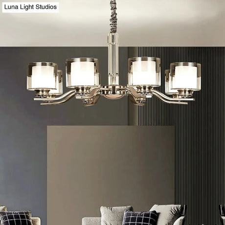 Modern Chrome Restaurant Chandelier With Cylindrical Frosted And Smoke Grey Glass