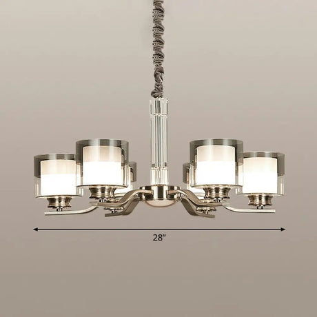 Modern Chrome Restaurant Chandelier With Cylindrical Frosted And Smoke Grey Glass 6 /