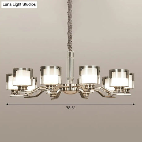 Modern Chrome Restaurant Chandelier With Cylindrical Frosted And Smoke Grey Glass