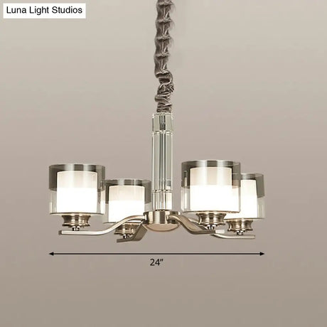 Modern Chrome Restaurant Chandelier With Cylindrical Frosted And Smoke Grey Glass