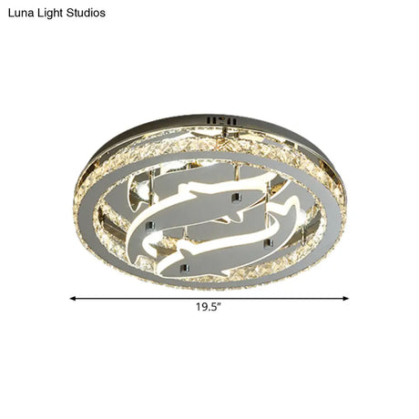 Modern Circle Crystal Block Flushmount Led Ceiling Light With Chrome Finish And Fish Design