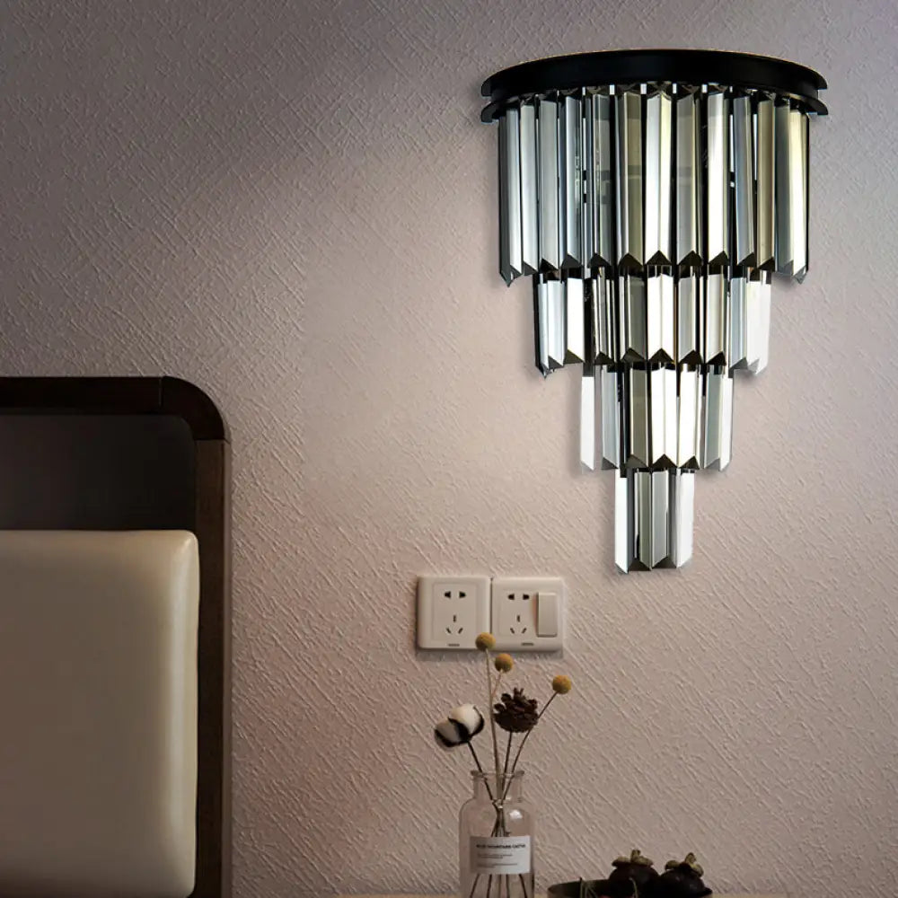 Modern Clear/Amber Layered Wall Light Sconce With Crystal Accents - 2-Light Mounted Lamp For Living