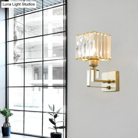 Modern Clear Crystal Block Wall Sconce Light With Gold Finish Ideal For Bedroom Lighting