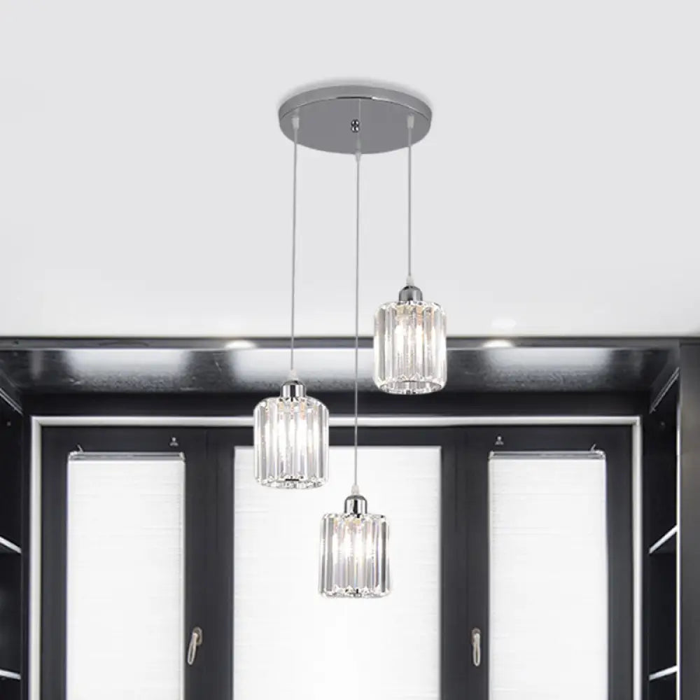 Modern Clear Crystal Cylinder Pendant Light With Chrome Finish - 3 Bulb Hanging Lamp Kit