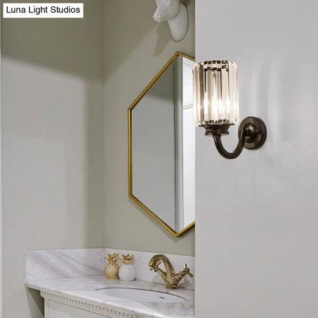Modern Clear Crystal Drum Wall Lamp With Metal Curved Arm - Black Sconce Light Fixture