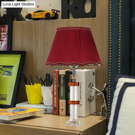 Modern Clear Crystal Nightstand Light Scalloped Design Red Shade 1-Bulb Bedroom Table Lamp