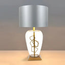 Modern Clear Glass Brass Table Lamp With Grey Fabric Shade - Urn Nightstand Light