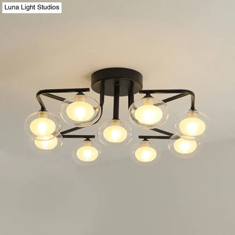 Modern Clear Glass Global Semi Flush Mount With Multiple Rod Design - 7/9 Lights Led Black Lamp