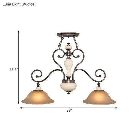 Modern Countryside Style Chandelier Light - White Glass Black Island Lamp With Flared 2 Heads And
