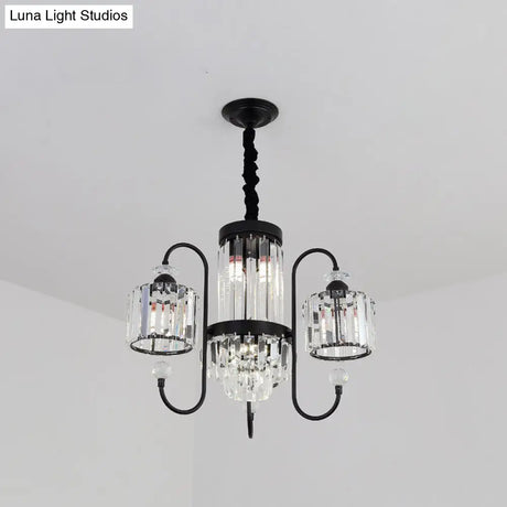Modern Crystal Black Chandelier - 5/8 Cylindrical Heads Suspension Light With Gooseneck Arm