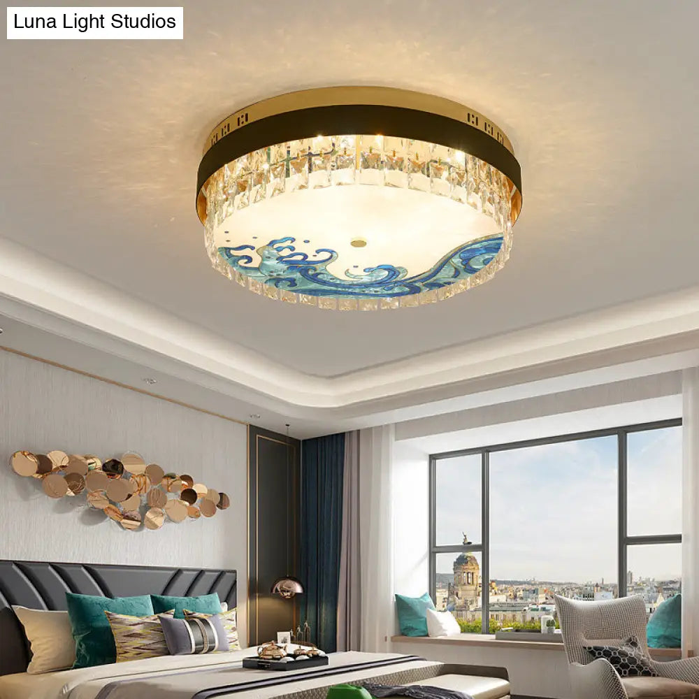 Modern Crystal Block Drum Flush Mount Led Ceiling Light For Bedroom In Brass Finish