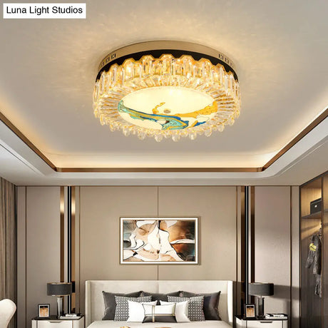 Modern Crystal Block Drum Flush Mount Led Ceiling Light For Bedroom In Brass Finish