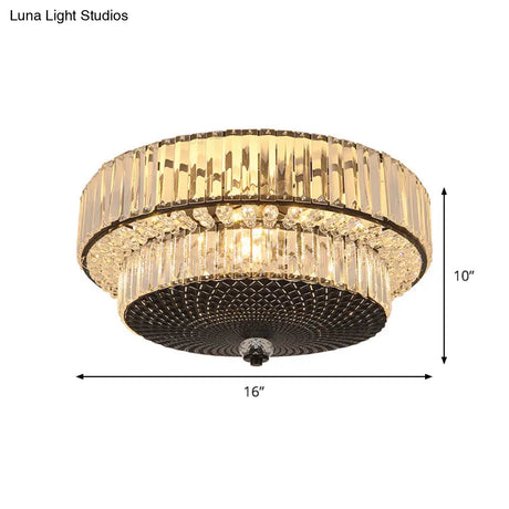 Modern Crystal Block Drum Flushmount Lamp With 4 Lights In Black