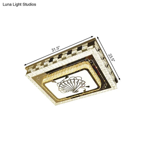 Modern Crystal Block Led Ceiling Light With Folding Fan Pattern In Chrome - Oblong Drawing Room