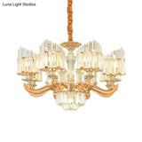 Modern Crystal Chandelier Light With Curved Metal Arm - Gold 6/8 Bulbs 23.5/27 Wide Suspended