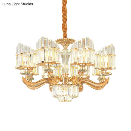 Modern Crystal Chandelier Light With Curved Metal Arm - Gold 6/8 Bulbs 23.5/27 Wide Suspended