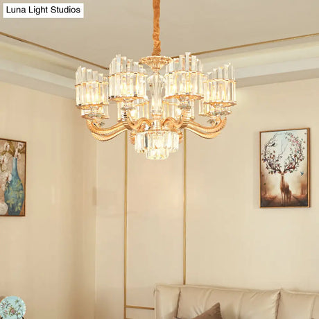 Modern Crystal Chandelier Light With Curved Metal Arm - Gold 6/8 Bulbs 23.5/27 Wide Suspended