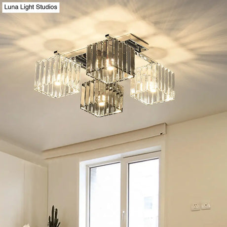 Modern Crystal Cube Flush Ceiling Lamp | Polished Chrome 4/6/9 Lights