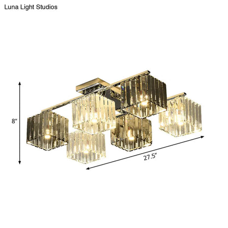 Modern Crystal Cube Flush Ceiling Lamp | Polished Chrome 4/6/9 Lights