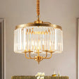 Modern Crystal Cylinder Chandelier Pendant Light - 4 Heads Brass Finish Curved Metal Arm