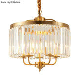 Modern Crystal Cylinder Chandelier Pendant Light - 4 Heads Brass Finish Curved Metal Arm