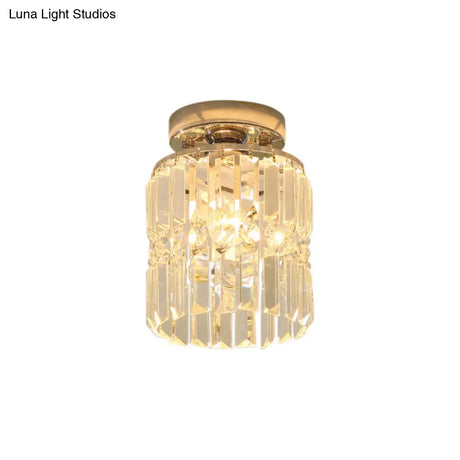 Modern Crystal Cylinder Flush Mount Ceiling Light For Hallway - Chrome Finish