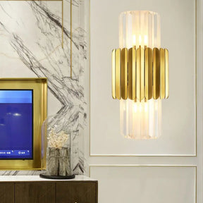 Modern Crystal Cylinder Wall Mount Lamp With 2 Gold Heads - Bedroom Lighting Fixture