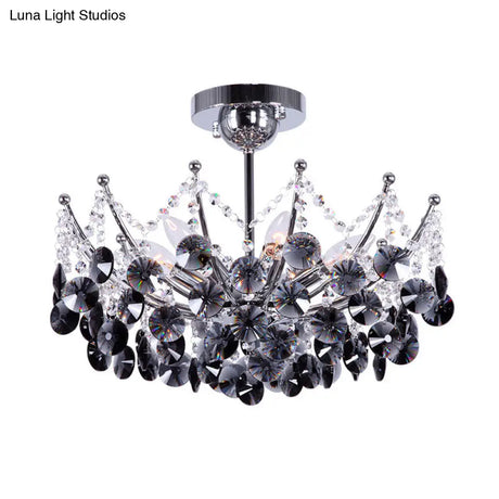 Modern Crystal Dome Semi Flush Light Fixture 5 Lights In Burgundy/Smoke Gray/Amber 16’ & 19.5’