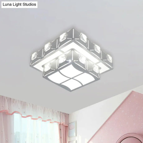 Modern Crystal Embedded 2 - Tier Square Ceiling Flush - Mount Light Fixture - White Led Corridor
