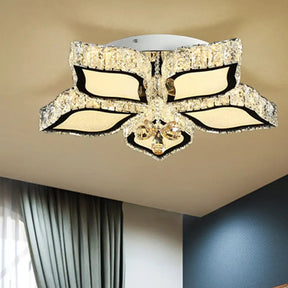 Modern Crystal Flower Flush Mount Ceiling Light For Bedroom White Led 3 Color Remote Control