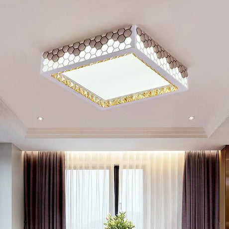 Modern Crystal Flush Mount Ceiling Light Fixture With Honeycomb Design - White-Gold Led Lighting