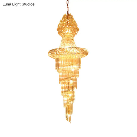 Modern Crystal Hall Chandelier - Layered Cone Design With 14 Gold Pendant Lights