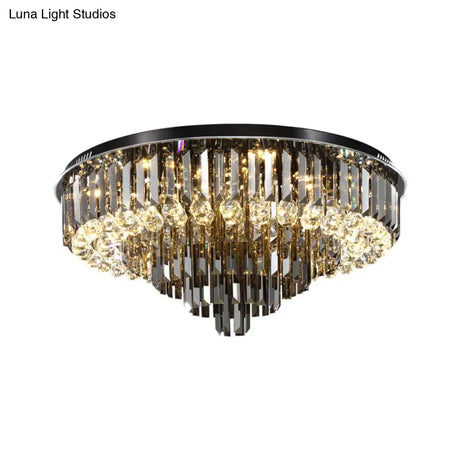 Modern Crystal Led Bedroom Ceiling Light - Smoke Gray Layered Flush - Mount Fixture 19.5’/23.5’ Wide