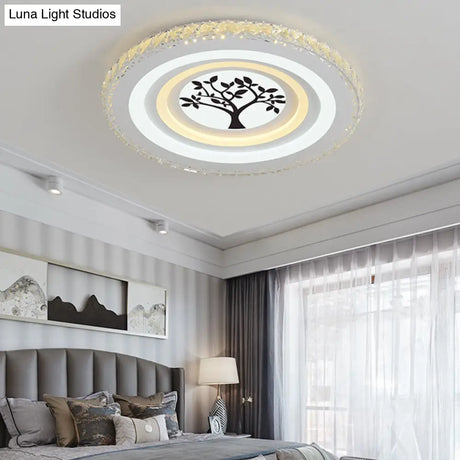Modern Crystal Led Ceiling Light For Dining Rooms - Round Design Flush Mount White Finish
