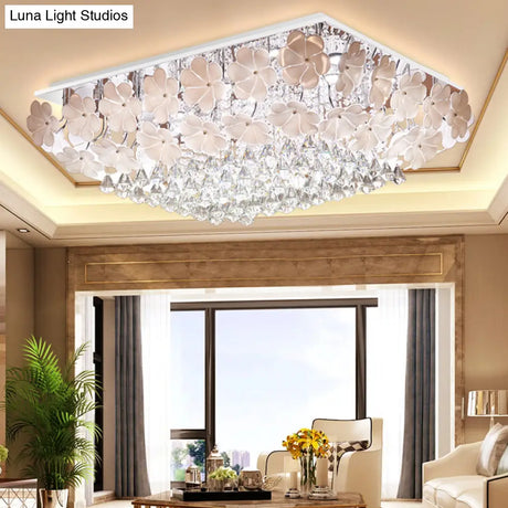 Modern Crystal Led Chrome Ceiling Light Fixture For Living Room - Flush Mount Rectangular Design