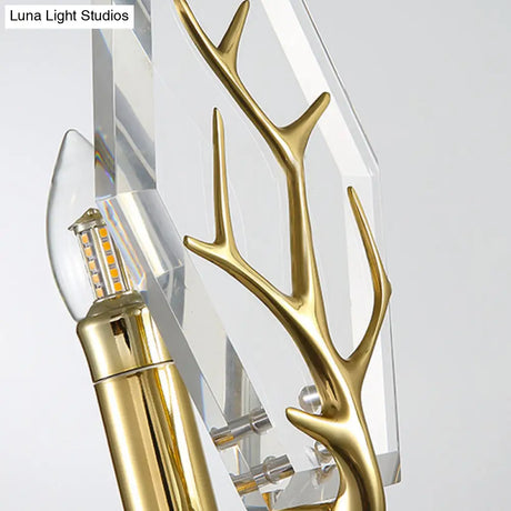Modern Crystal Panel Sconce Light Fixture - Clear 1-Light Wall Mounted Lamp With Antler Deco