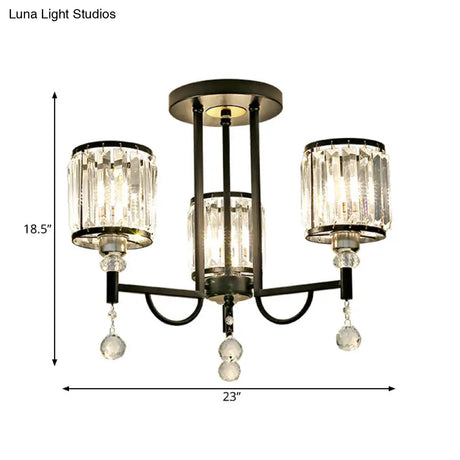 Modern Crystal Semi Flush Ceiling Light With Black Cylinder Design Ideal For Bedroom