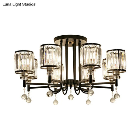 Modern Crystal Semi Flush Ceiling Light With Black Cylinder Design Ideal For Bedroom