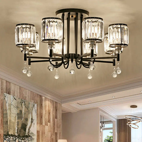 Modern Crystal Semi Flush Ceiling Light With Black Cylinder Design Ideal For Bedroom 8 /