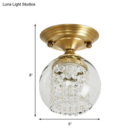 Modern Crystal Strand Clear Glass Ceiling Flush Mount For Hallway 1-Light Brass Fixture