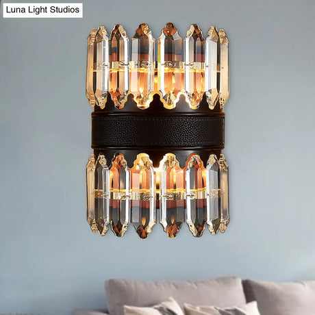 Modern Crystal Wall Sconce Light - Black Cylinder Block Fixture (2/4 Lights)
