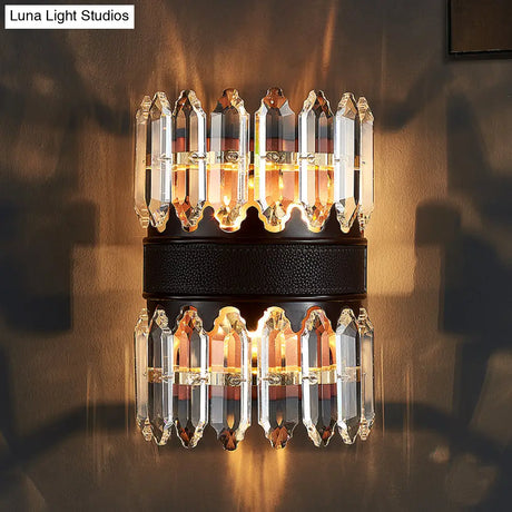 Modern Crystal Wall Sconce Light - Black Cylinder Block Fixture (2/4 Lights)