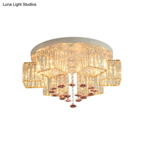 Modern Cubic Flush Mount Crystal Ceiling Light With Pink Rose Draping - 19.5’/23.5’ Dia 5/6