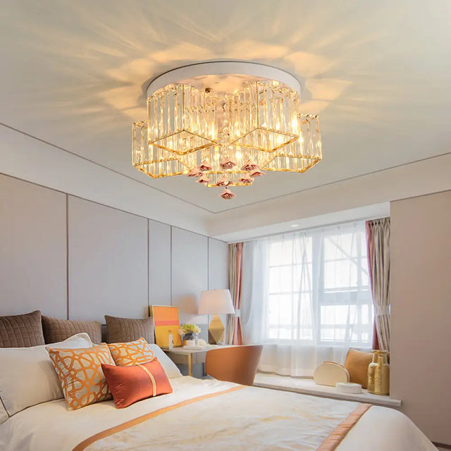Modern Cubic Flush Mount Crystal Ceiling Light With Pink Rose Draping - 19.5’/23.5’ Dia 5/6