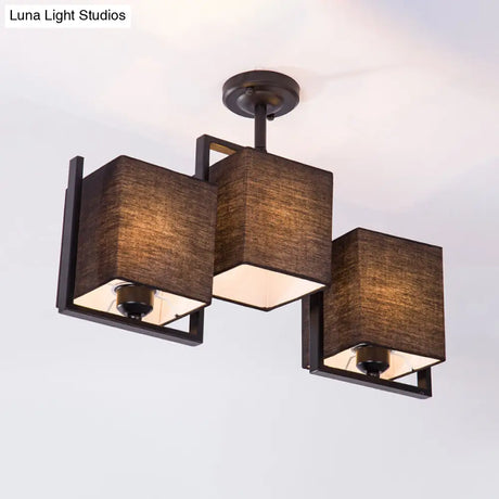 Modern Cuboid Semi Flush Mount With 3 Bulbs And Fabric Shade