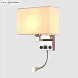 Modern Cuboid Wall Lamp With Usb Port Spotlight And Fabric Shade (Black/White/Flaxen)