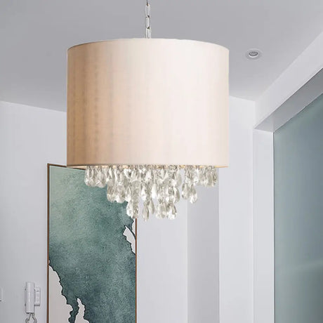 Modern Cylinder Fabric Pendant Chandelier With Crystal Drops - Beige Hanging Light (3/4 Heads) 4 /