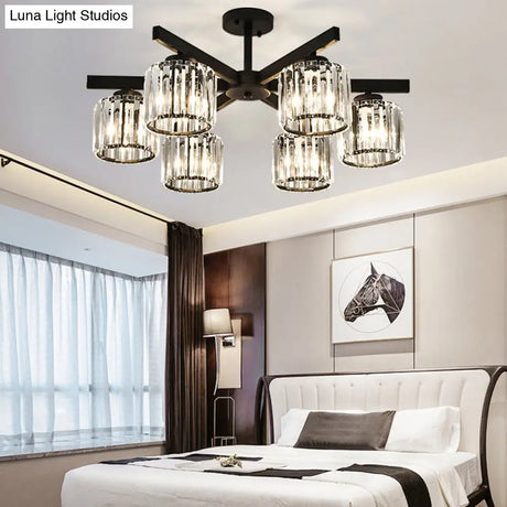 Modern Cylindrical Crystal Semi Flush Ceiling Light With 3/6/8-Head Design - Black Ideal For Living
