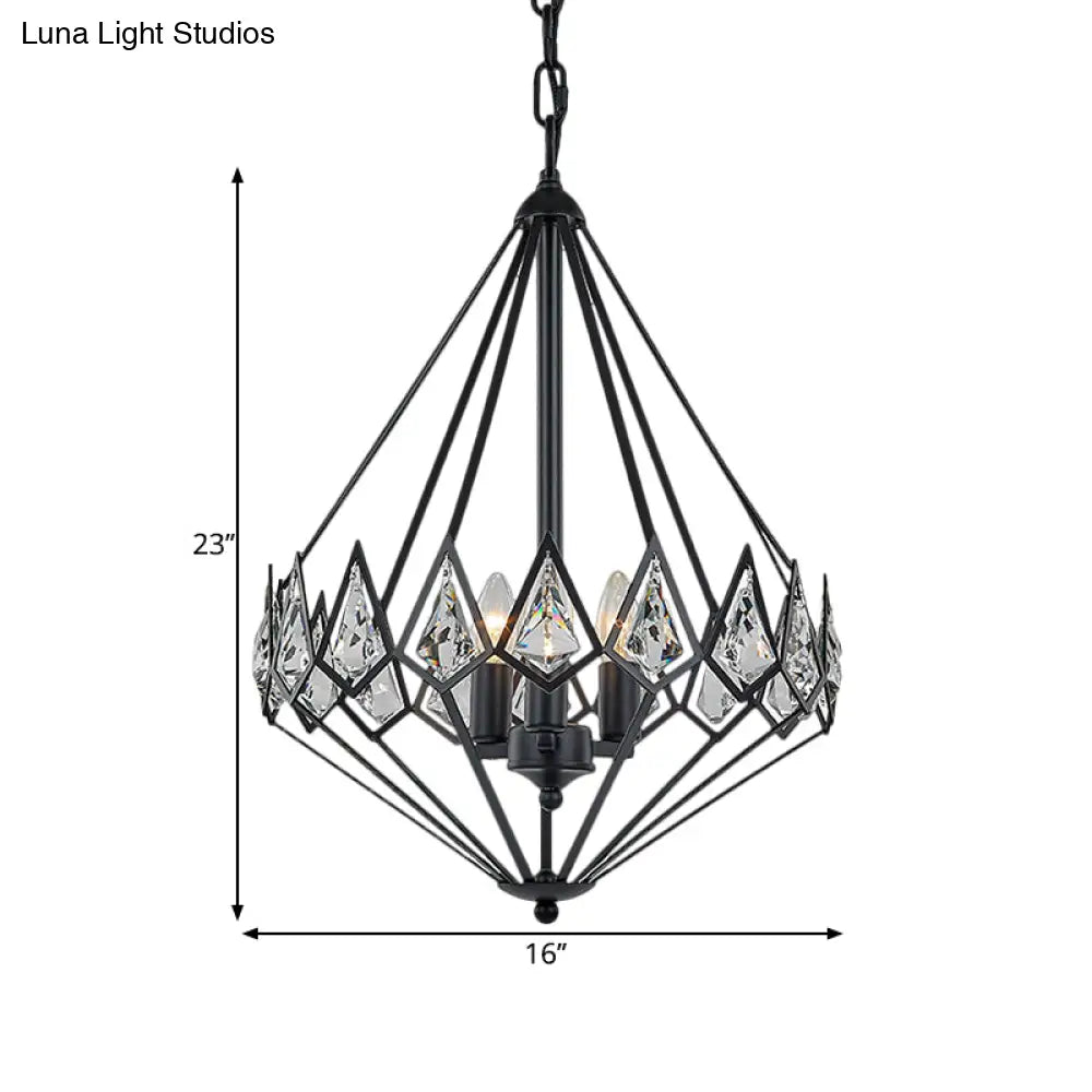 Modern Diamond Suspension Pendant Chandelier with 3 Metallic Heads and Crystal Encrustation in Black Elegant Parlor